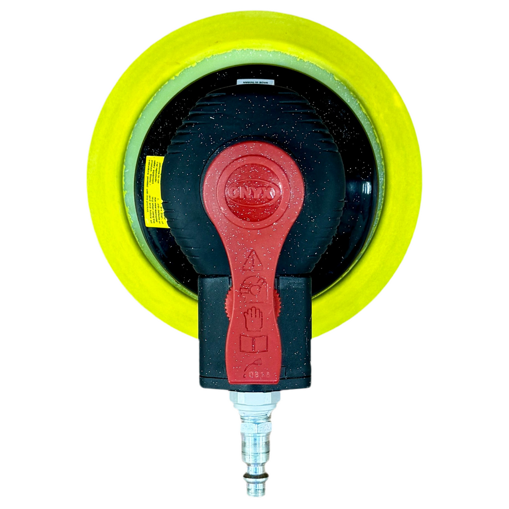 Astro Pneumatic ONYX 322P 6" 3/16" Stroke Pneumatic Finishing Palm Sander Yellow and red pressure washer nozzle on a white background