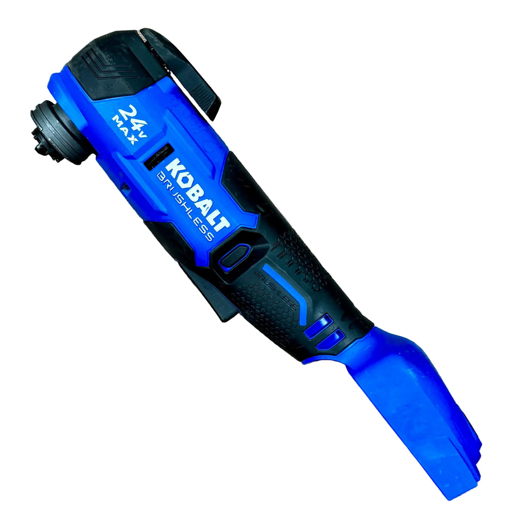 Kobalt 24V MAX Brushless Cordless Variable Speed Oscillating Multi-Tool (KMT 224B-03) Blue and black Kobalt drill on a white background