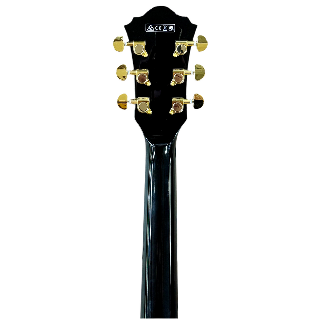 Ibanez Artcore Expressionist AS93SP Semi-Hollow Body Electric Guitar Black guitar headstock with gold tuning pegs on a white background