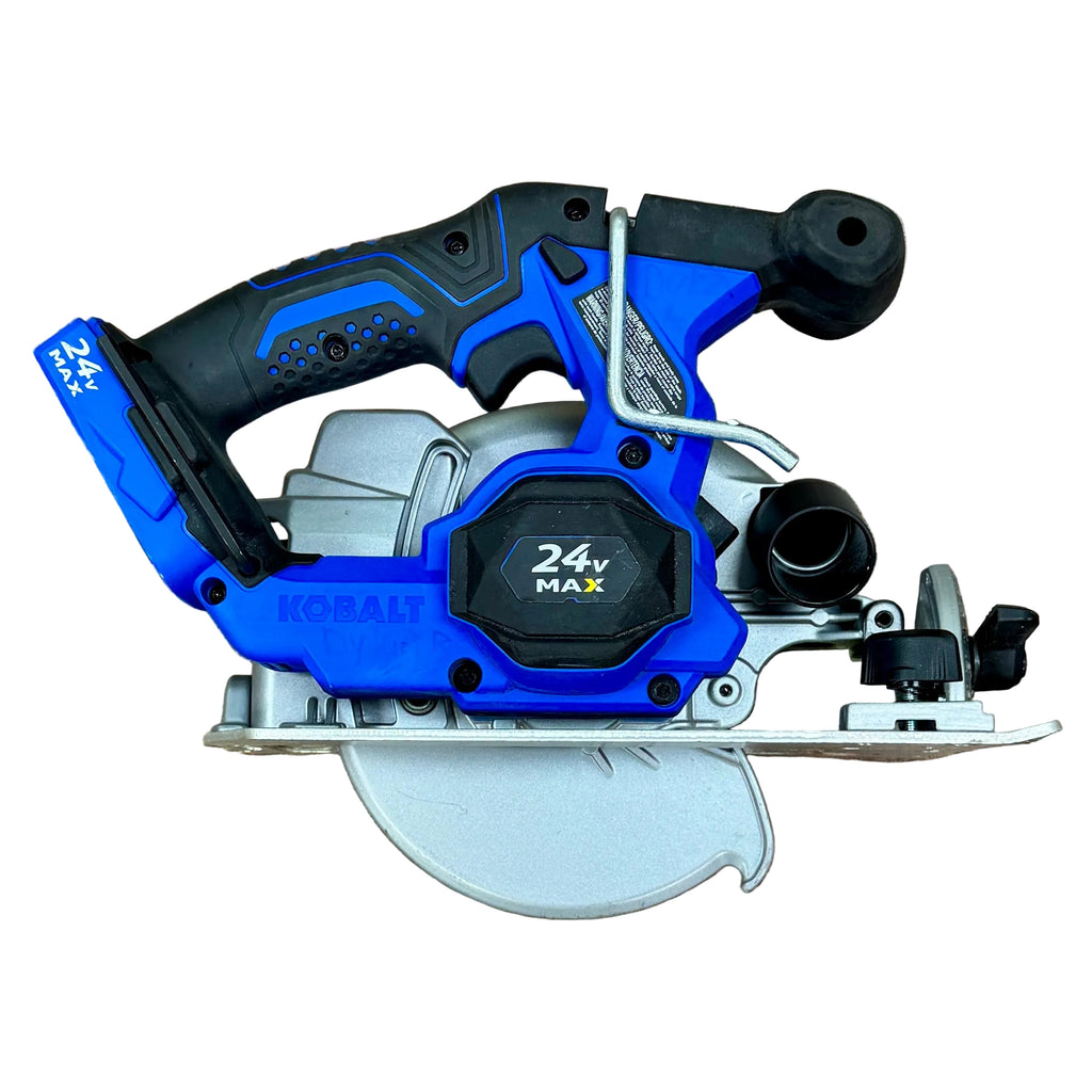Kobalt 24V MAX 6-1/2" Brushless Cordless Circular Saw (KCS 124B-03) Blue and black Kobalt circular saw on a wooden surface