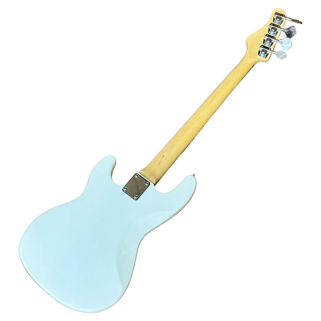 Glarry Precision Bass Style Electric Bass Guitar White electric guitar on a wooden floor