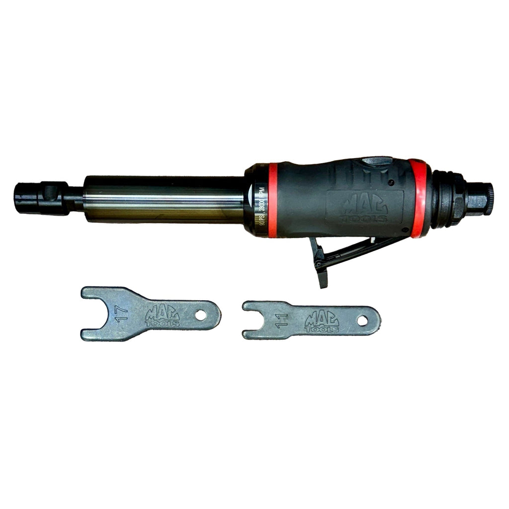 MAC TOOLS 1/4" Collet Premium 0.3 HP Extended Straight Air Mini Die Grinder (AG325SE) Black and red pneumatic wrench with two metal wrenches on a white background