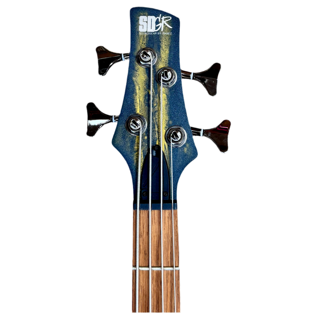 Ibanez SoundGear SR300E Electric Bass Guitar Bass guitar headstock with a blue and yellow design on a white background