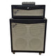 Fender MUSTANG V Guitar Amplifier Cabinet & Head w/ MUSTANG MS4 Footswitch Fender guitar amplifier setup on a wooden floor with a slatted wall background