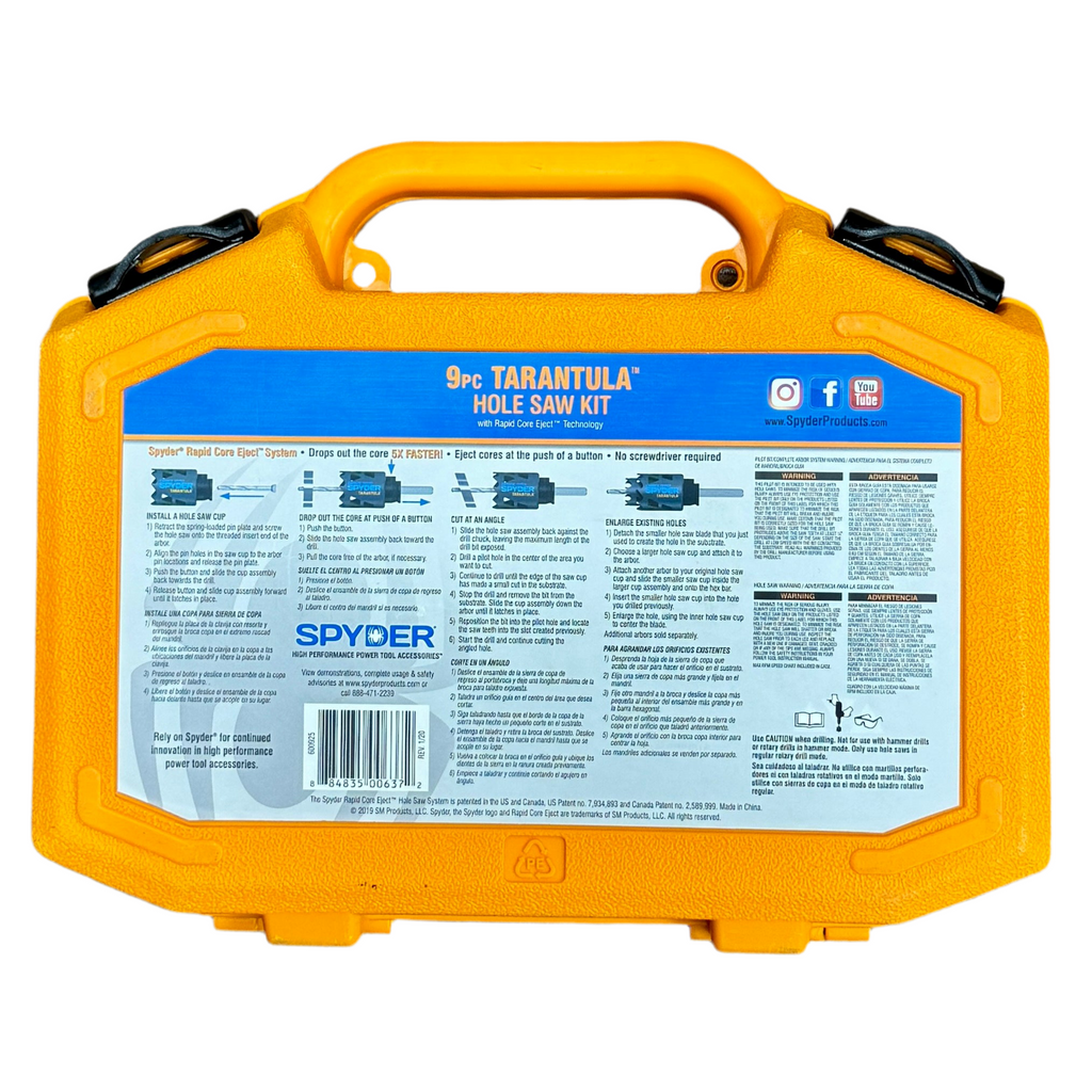 Spyder Tarantula 9-Piece Carbide Tipped RCE Hole Saw Kit w/ Hard Case (600925) Yellow toolbox with blue label featuring Spyder product details on a white background