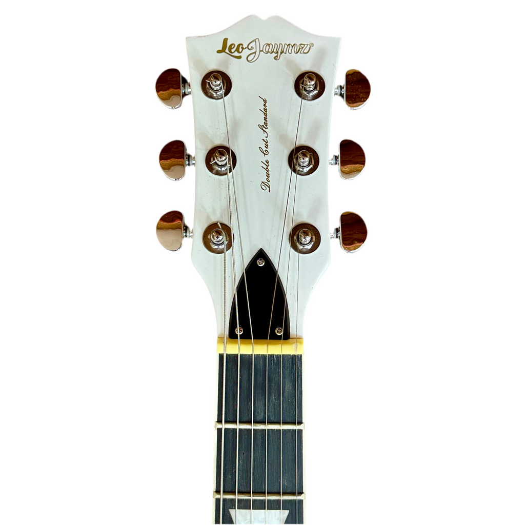 Leo Jaymz Double Cut Standard Electric Guitar Guitar headstock with 'Leo Jayne' branding on a white background