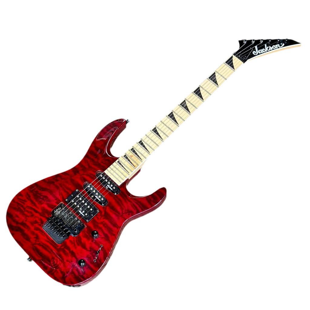 Jackson JS34Q Dinky DKAM Electric Guitar w/ Hard Case Red electric guitar with a white pickguard on a white background