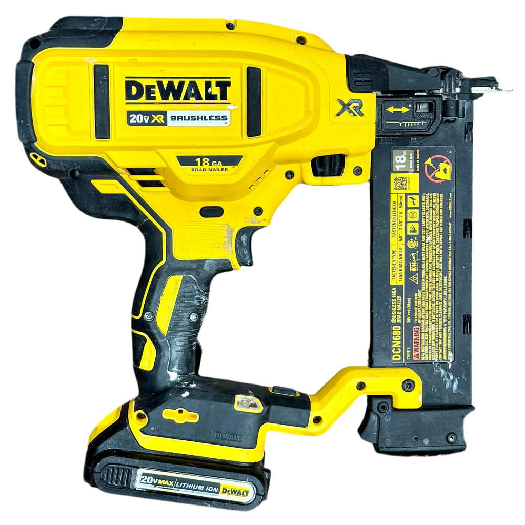 DeWalt 20V MAX XR 18-Gauge Cordless Brad Nailer w/ Battery (DCN680) Yellow and black Dewalt nailer on a white background
