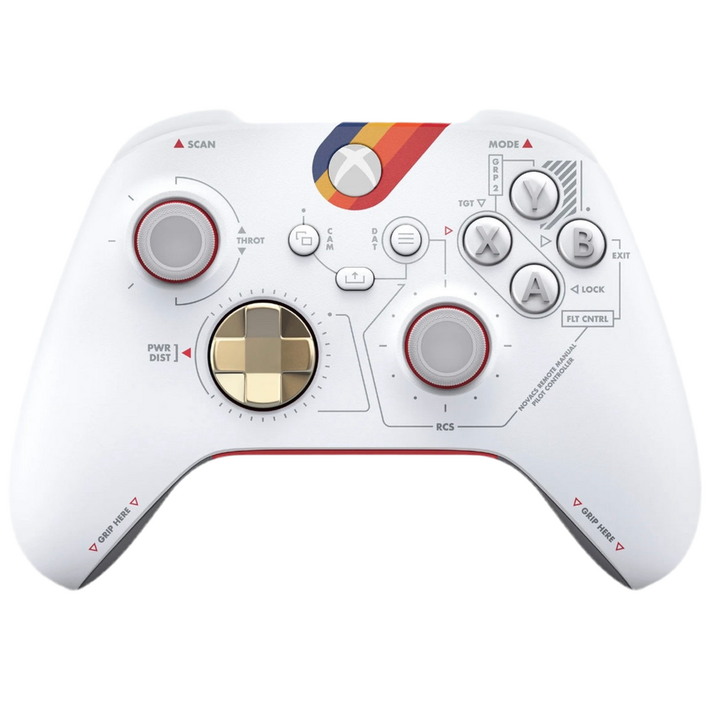 White xbox gaming controller with colorful buttons on a white background