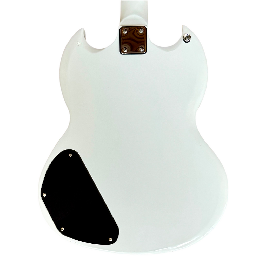 Leo Jaymz Double Cut Standard Electric Guitar White guitar body with black pickguard on a white background