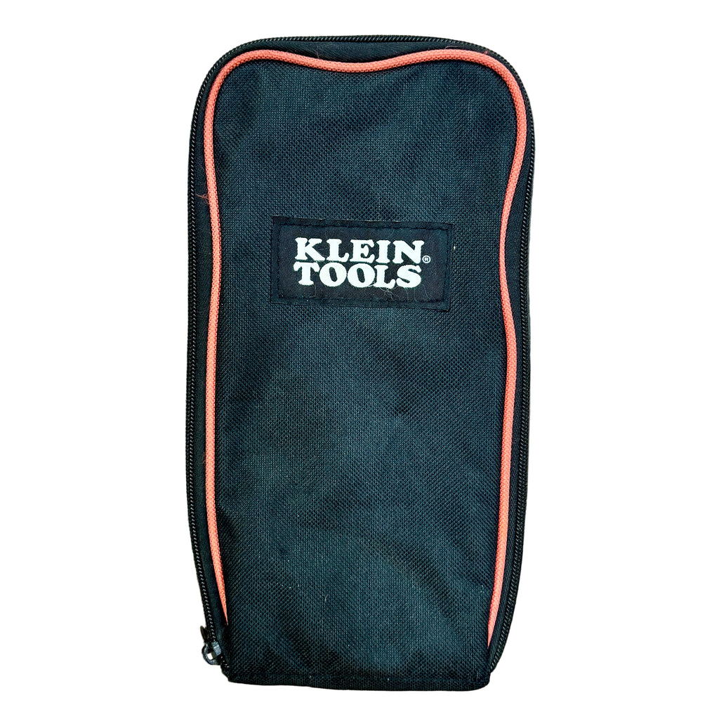 Klein Tools ET120 Combustible Gas Leak Detector Tester w/ Case Black tool pouch with pink trim and Klein Tools logo on a wooden floor.