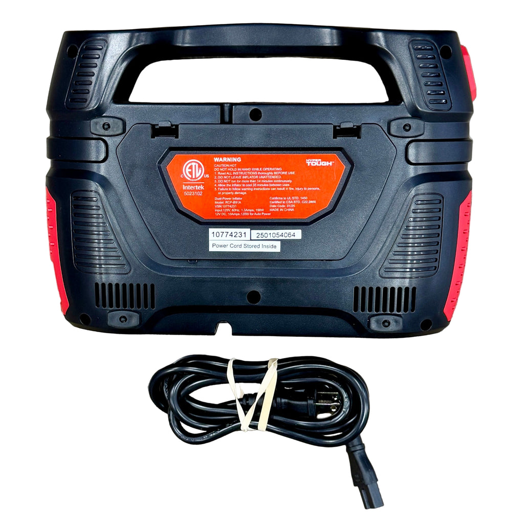 HYPER TOUGH Dual Power Digital Inflator (RCP-B91A) Black and red power tool battery pack with a cable on a wooden surface