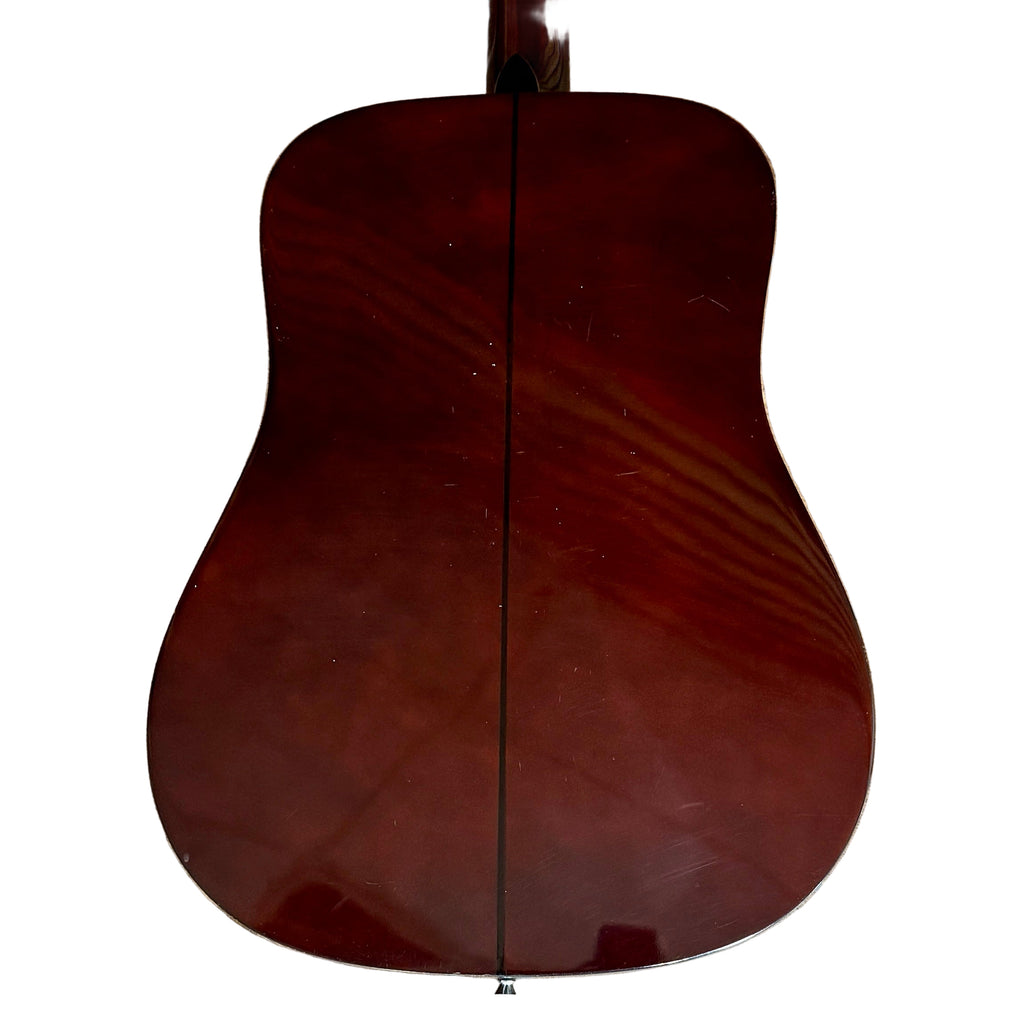 Fender Squier 093-0315-021 Acoustic Guitar Back of a brown acoustic guitar on a wooden floor
