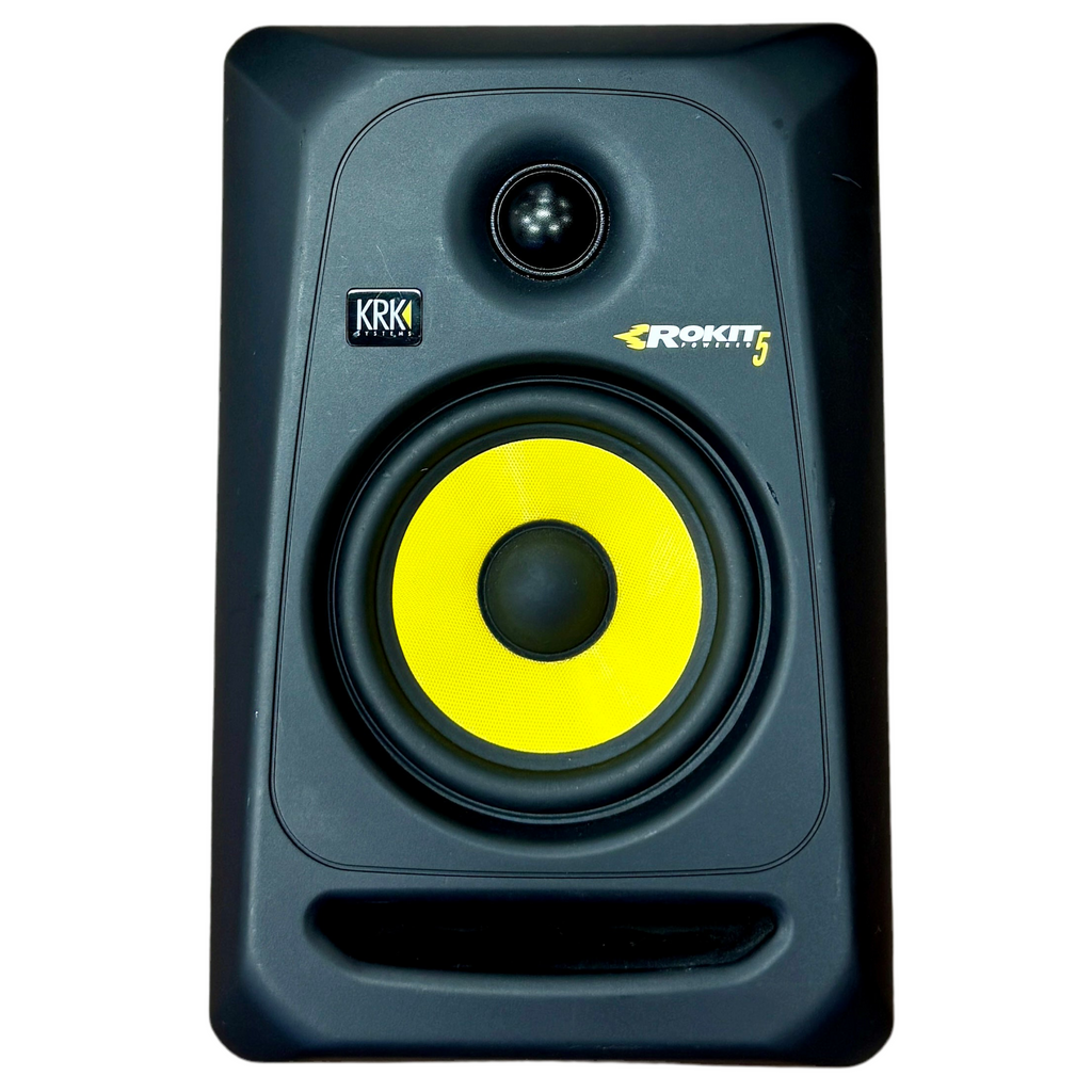 KRK Systems ROKIT 5 Powered Studio Monitor KRK studio monitor speaker with yellow driver on a white background