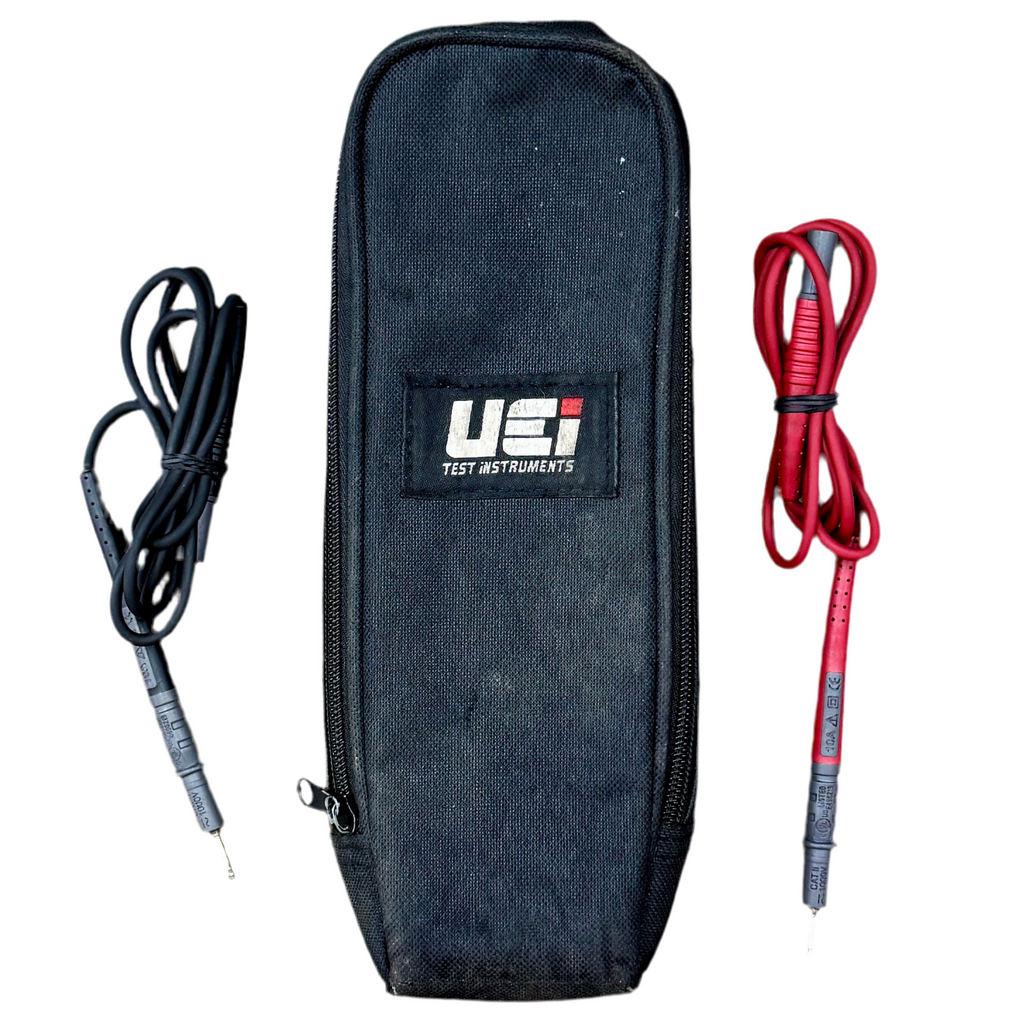 UEi Test Instruments DL569 400A Dual Display Digital Clamp Meter w/ Case & Accessories Black carrying case with oscilloscope probes on a white background