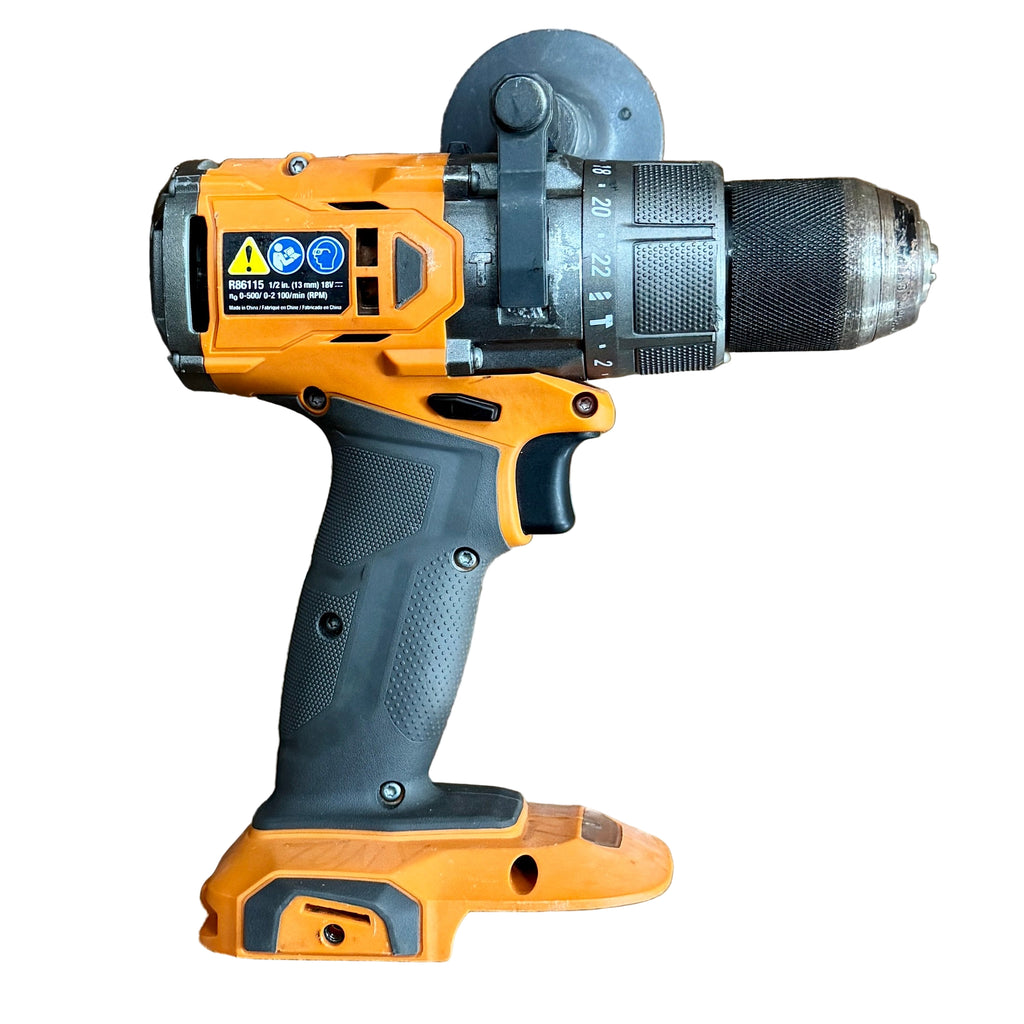 RIDGID 18V 1/2" Brushless Cordless Hammer Drill/Driver w/ Battery (R86115) Orange and gray cordless drill on a white background