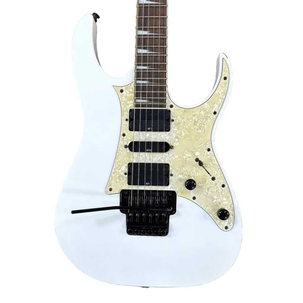 Ibanez RG Series RG350DX Electric Guitar White electric guitar with a glittery pickguard on a white background