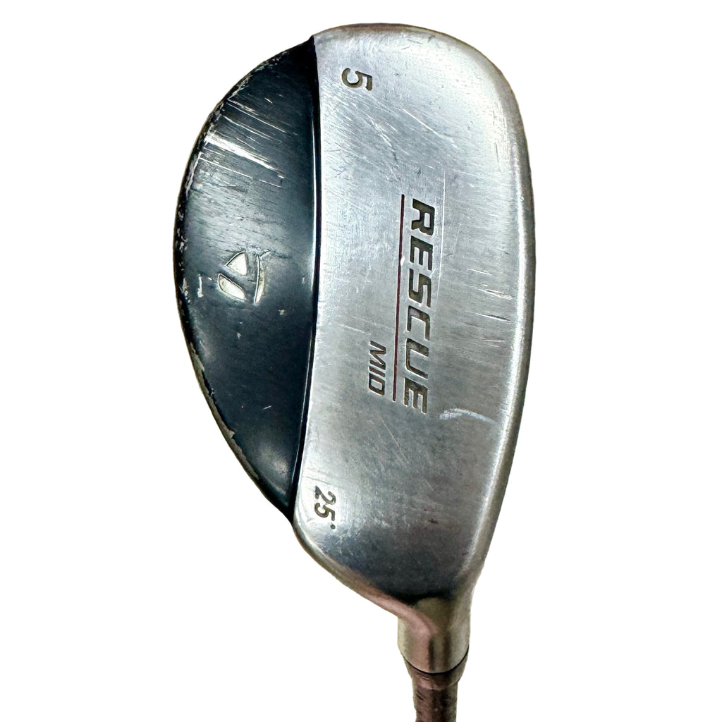 TaylorMade RESCUE MID 5 Hybrid RH Golf Club Golf club head labeled 'Rescue' on a wooden surface