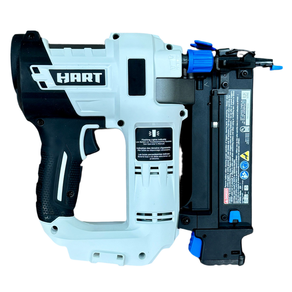 HART 20V 18-Gauge 2" Cordless Brad Nailer (HPNR02) HART nail gun with battery on a white background