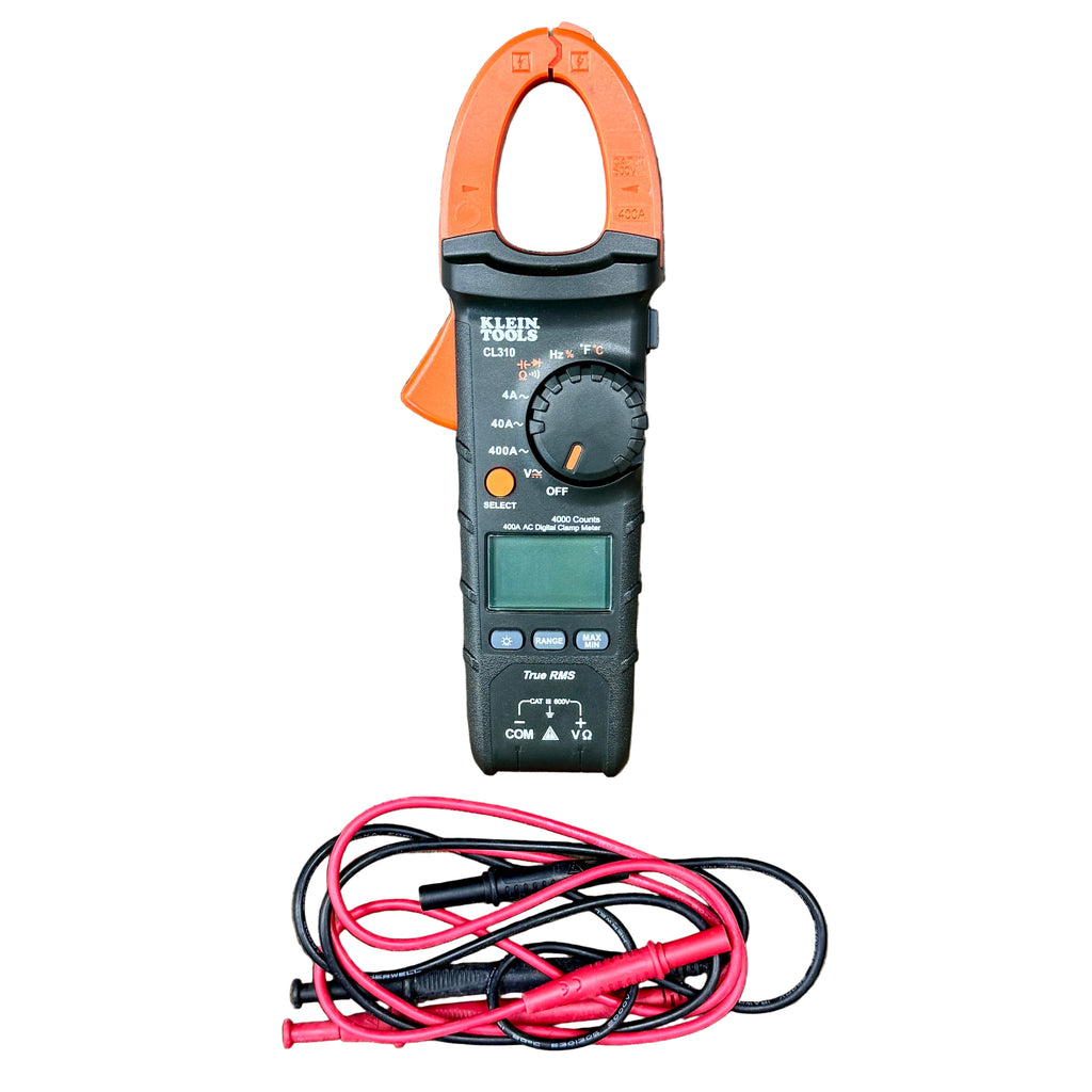 Klein Tools CL310 400A AC Digital Clamp Meter w/ Case Digital clamp meter with cables on a wooden surface