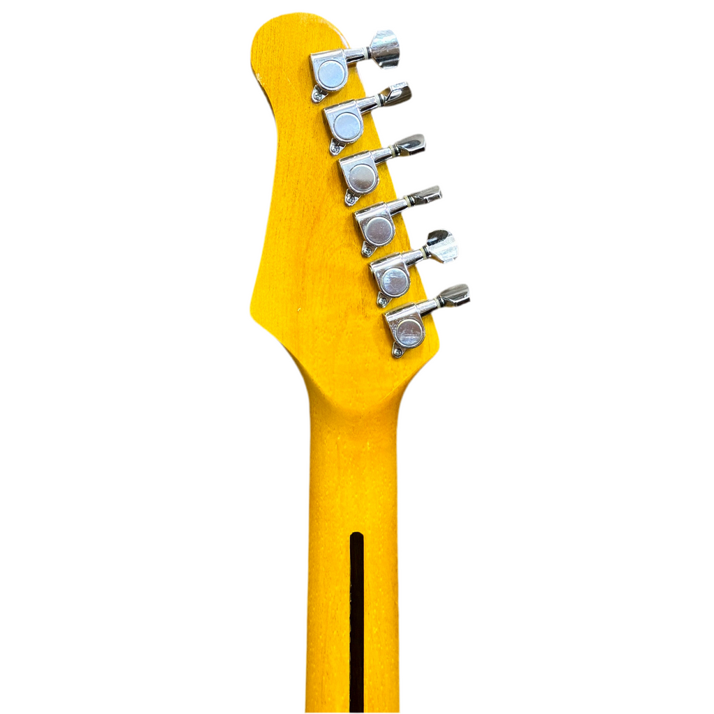 Glen Burton Silver Sparkle Telecaster Style Electric Guitar w/ Hard Case Yellow guitar neck with tuning pegs on a white background