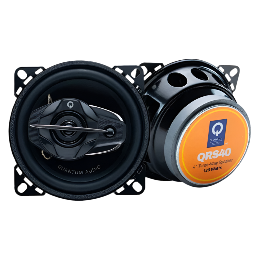 Quantum Audio QRS40 120 Watt 4" Three-Way Car Speakers (Pair) Pair of car speakers with Quantum Audio branding on a white background