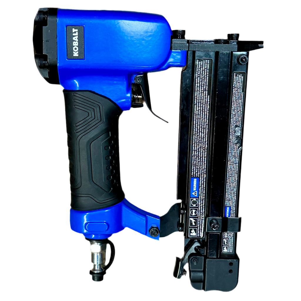 Kobalt 23-Gauge 1" Pneumatic Pin Nailer (KBAT161002) Blue and black Kobalt nail gun on a white background