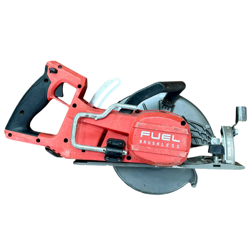 Milwaukee M18 FUEL 18V 7-1/4" Rear Handle Circular Saw w/ Battery (2830-20) Red circular saw with 'Fuel Brushless' branding on a white background