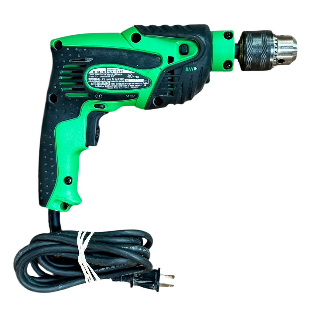 Hitachi 5-Amp 5/8" Corded Hammer Drill w/ Hard Case Green and black drill with power cord on a white background