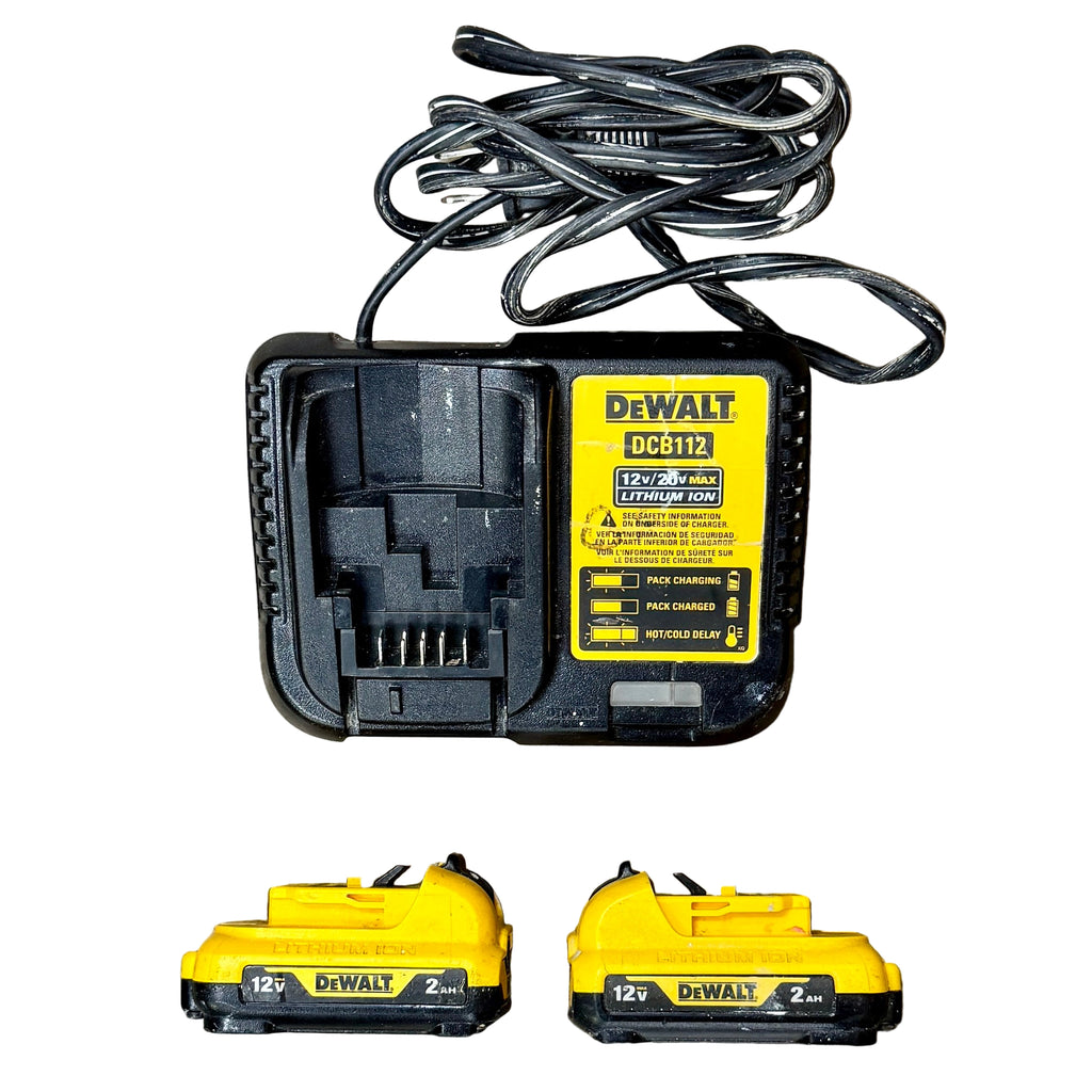 DeWalt 12V MAX 2 AH Lithium Ion Battery Packs (2) w/ DeWalt 12V/20V MAX Lithium Ion Charger (DCB122/DCB112) DeWalt battery charger and two batteries on a wooden surface