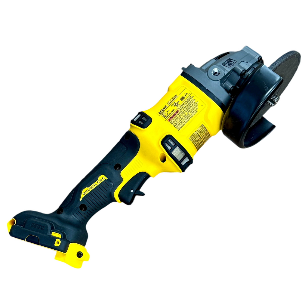 DeWalt FLEXVOLT 60V MAX 4-1/2" - 6" Brushless Cordless Grinder (DCG418) Yellow and black angle grinder on a white background