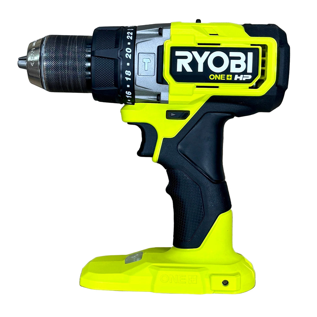 RYOBI ONE+ HP 18V 1/2" Brushless Cordless Hammer Drill w/ Battery, Charger, & Bag (PBLHM101) Ryobi drill with bright yellow body and black accents on a white background