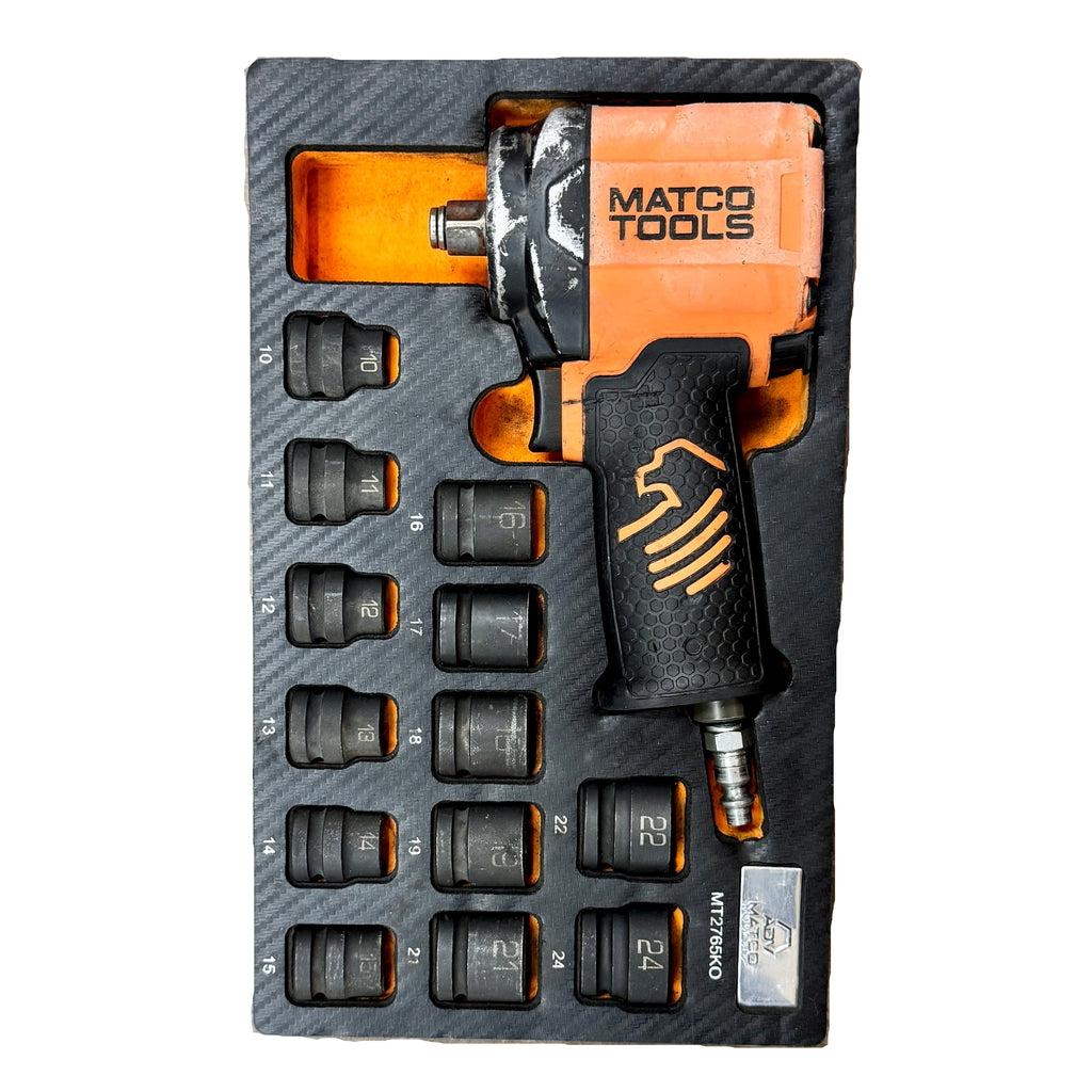 MATCO TOOLS 1/2" Pneumatic Stubby Impact Wrench w/ ADV Stubby Metric Impact Sockets - Orange (MT2765KO) Matco Tools impact wrench set on a wooden surface