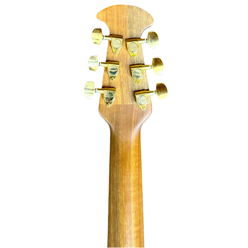 Ovation Celebrity CC28 Acoustic-Electric Guitar Close-up of a guitar headstock with tuning pegs on a white background