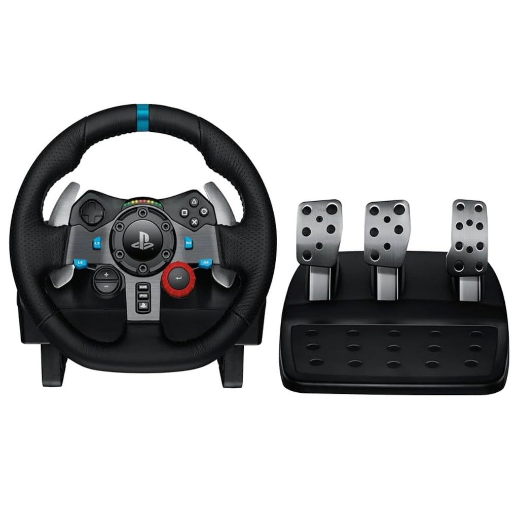 Logitech G29 Driving Force Racing Steering Wheel and Floor Pedals - PS5 / PS4 / PC (WU0002) Black steering wheel and pedals set on a white background