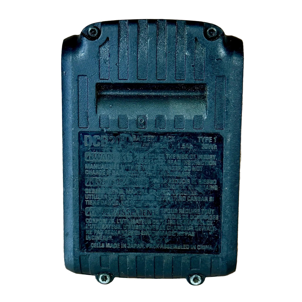DeWalt 20V MAX 1.5Ah Lithium Ion Compact Battery Pack (DCB201) Black electronic device with text on a wooden surface
