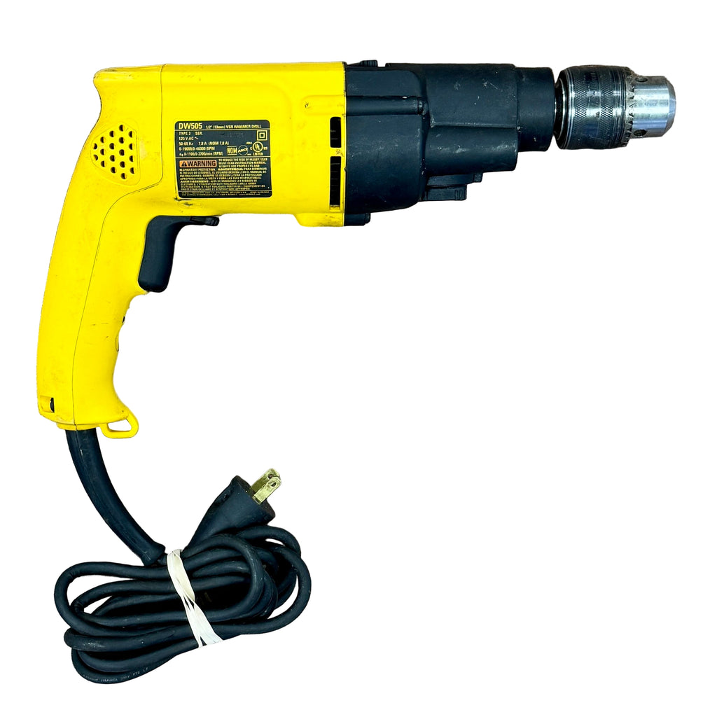 DeWalt 7.8-Amp 1/2" Corded VSR Dual-Range Hammer Drill (DW505) Yellow and black drill on a wooden floor