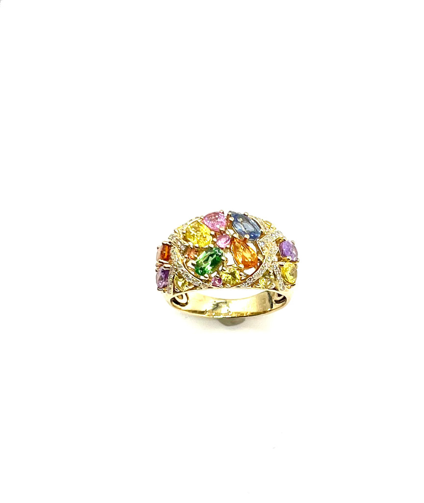 Multicolored gemstone ring on a white background