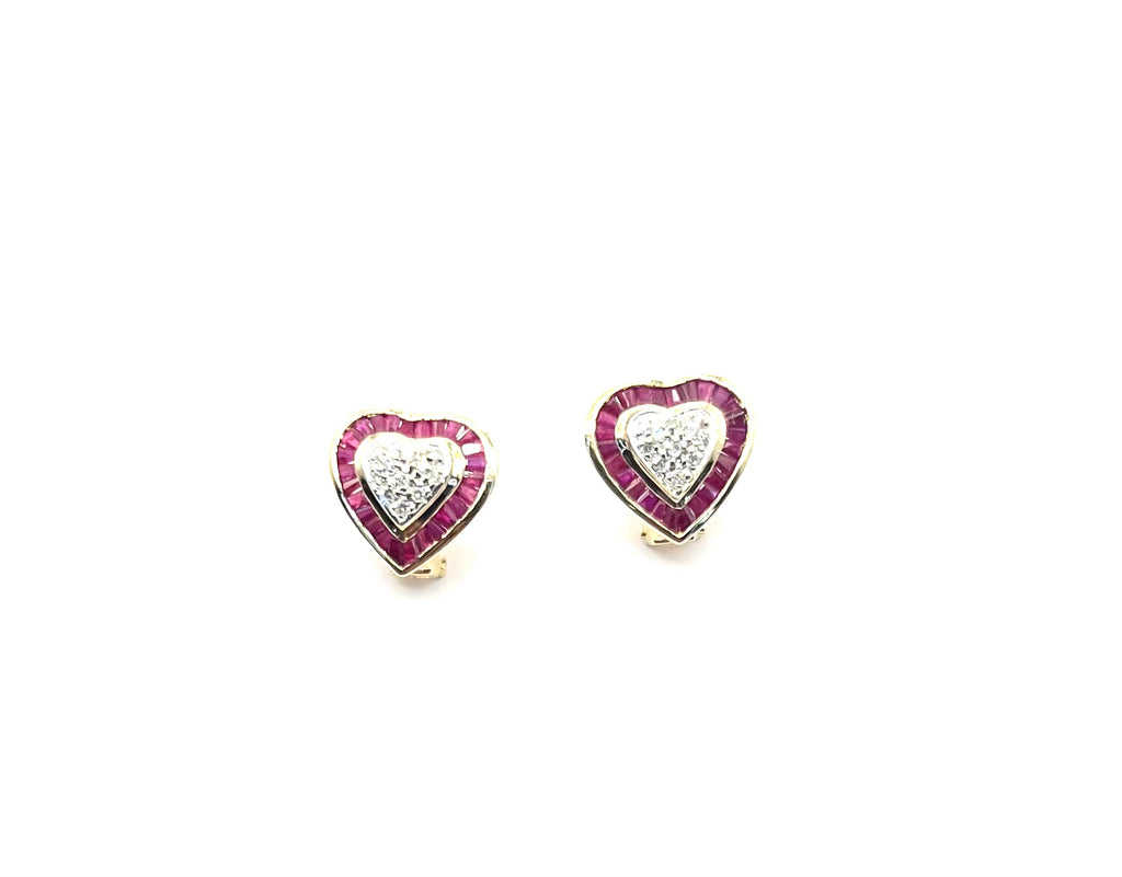 Heart-shaped earrings with pink gemstones and clear stones on a white background
