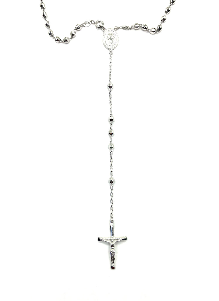 Silver rosary necklace with a cross pendant on a white background