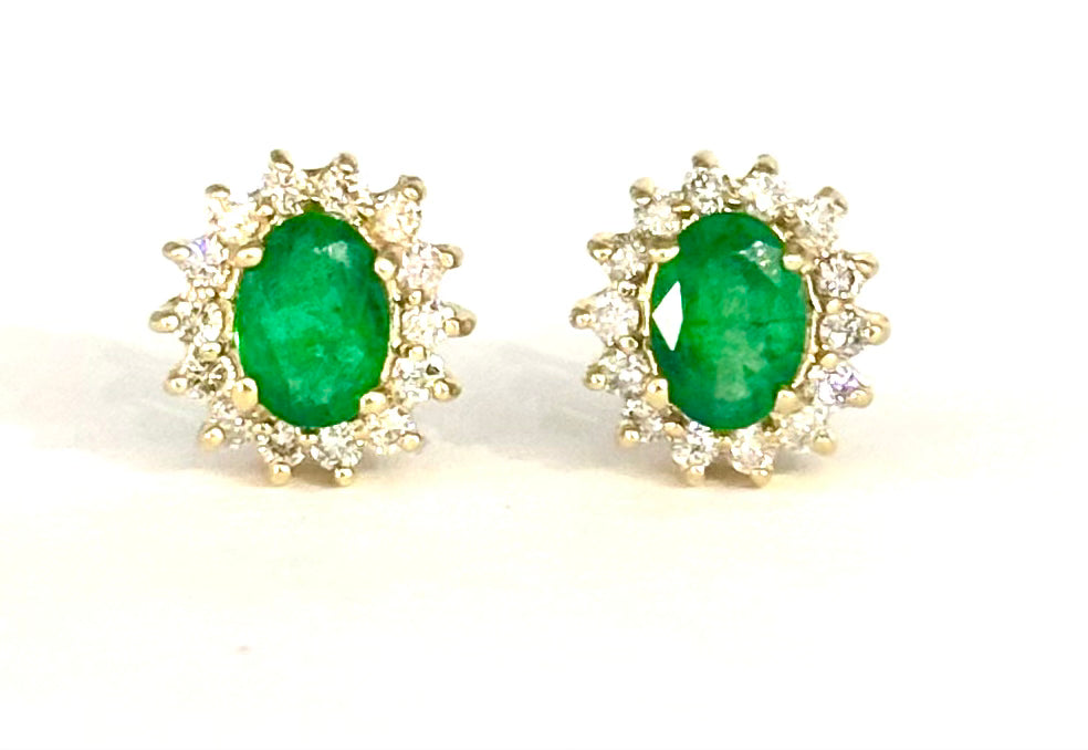 Oval Emerald and Diamond Stud Earrings