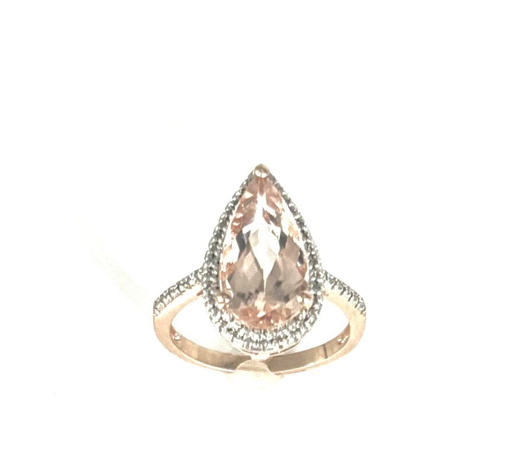 10k Rose Gold Morganite Pear Halo Ring underneath