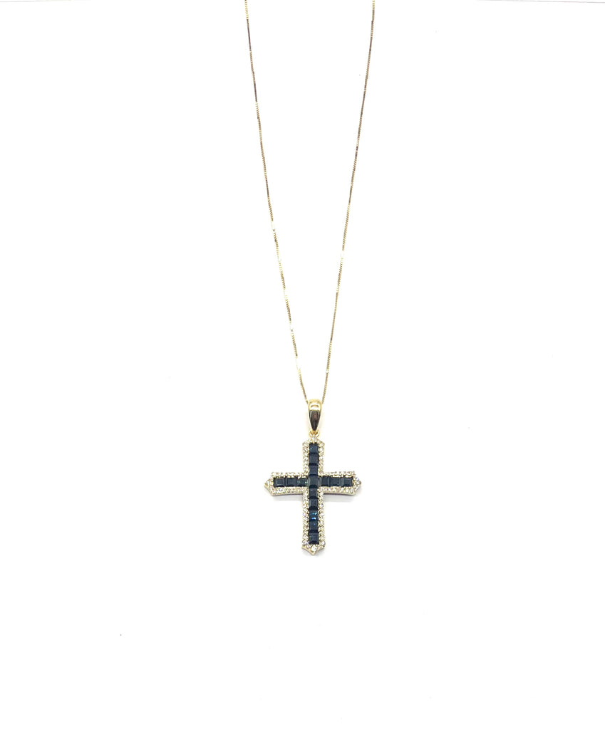 Cross-shaped pendant necklace on a white background