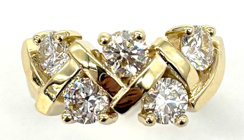 Gold earrings with diamond stones on a white background