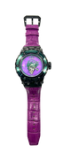 A wristwatch with a textured purple strap, a black case, and a purple dial featuring a green and white illustrated character.