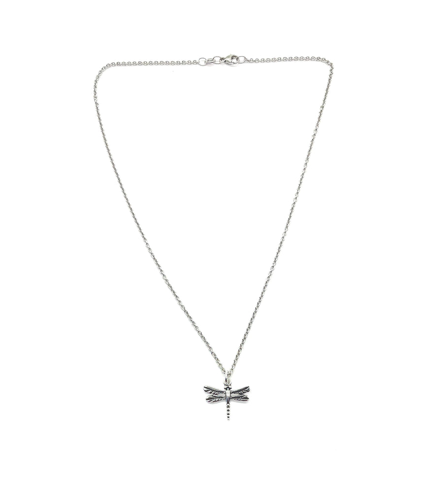 Silver dragonfly necklace on a white background