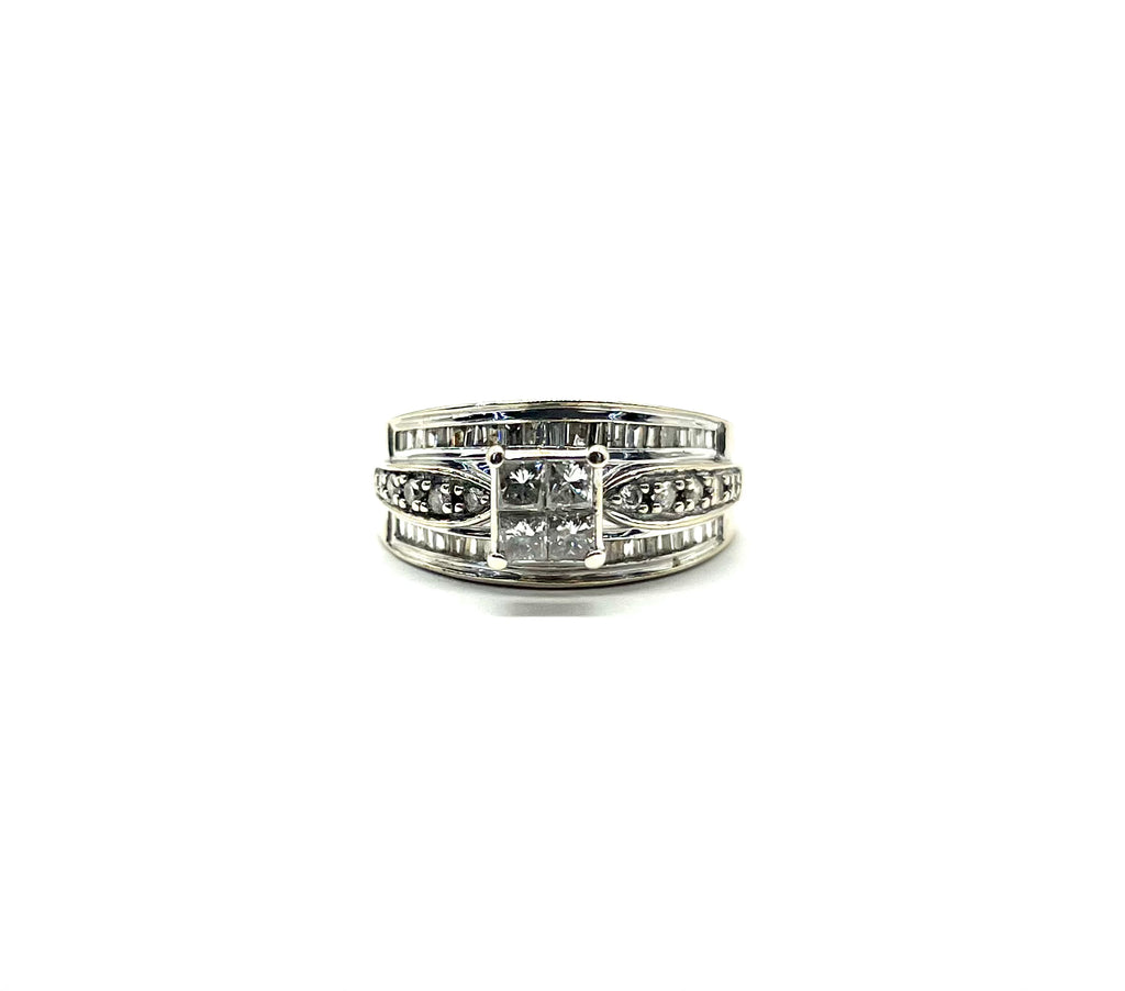 Silver ring with gemstones on a white background