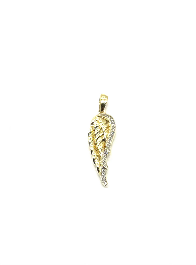 Gold angel wing pendant on a white background
