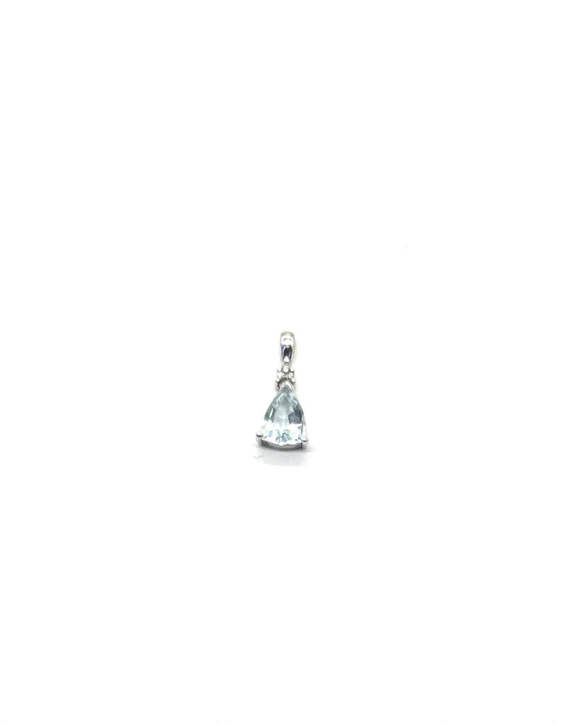 Teardrop-shaped pendant with a clear gemstone on a white background