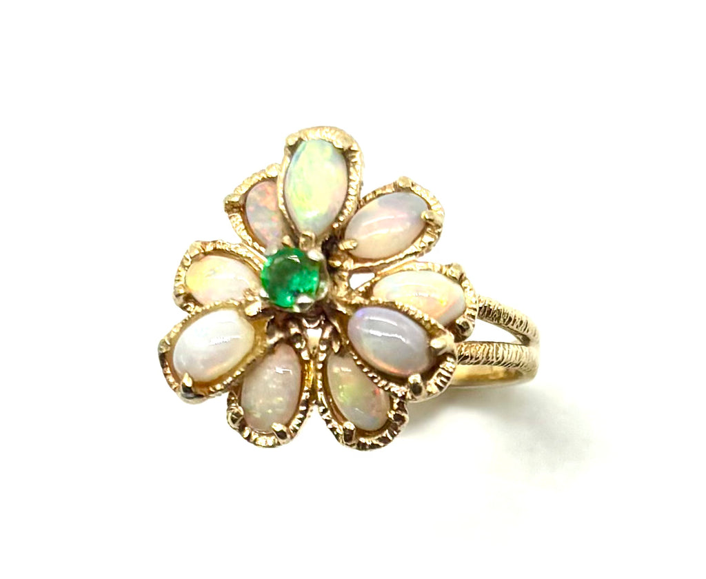 Opal Flower with Emerald Center Textured Ring close